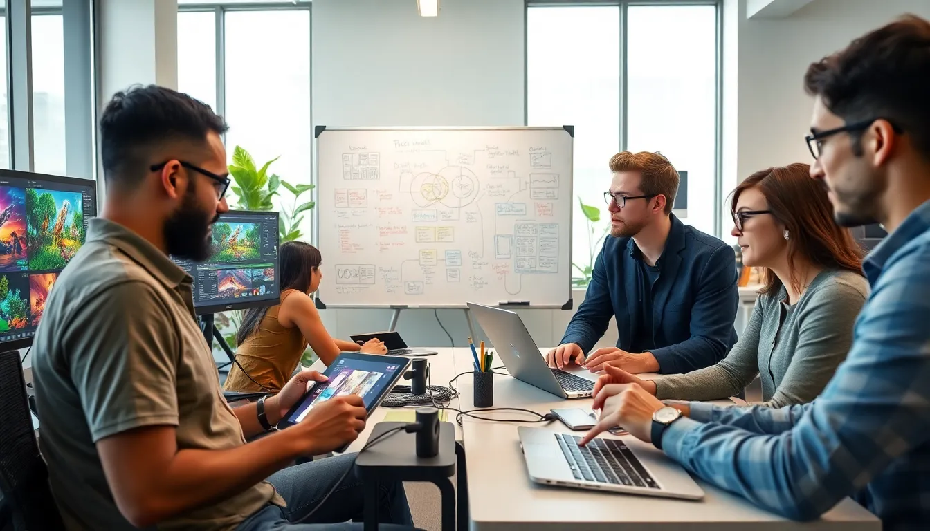 diverse game developers collaborating in a modern office setting.